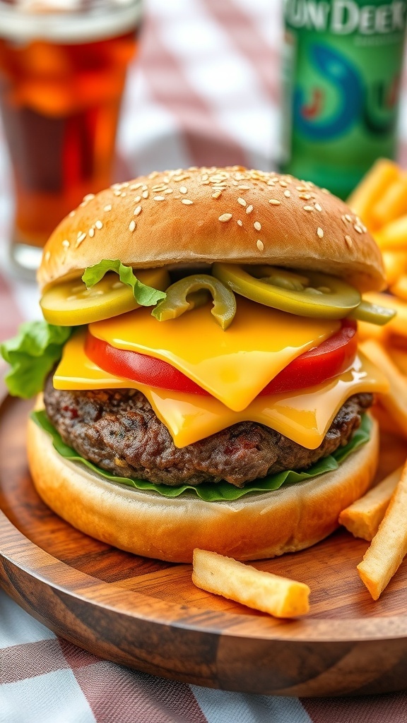 A classic cheeseburger with beef patty, cheese, lettuce, tomato, pickles on a toasted bun, served with fries.